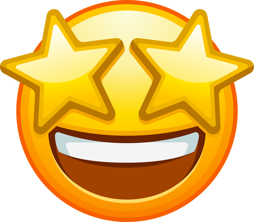 Top quality emoticon. Starry eyed emoji. Excited emoticon face with yellow star shaped eyes and happy wide opened mouth. Yellow face emoji. Popular element.