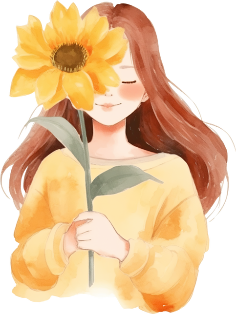 Cute girl holding a sunflower, watercolor illustration